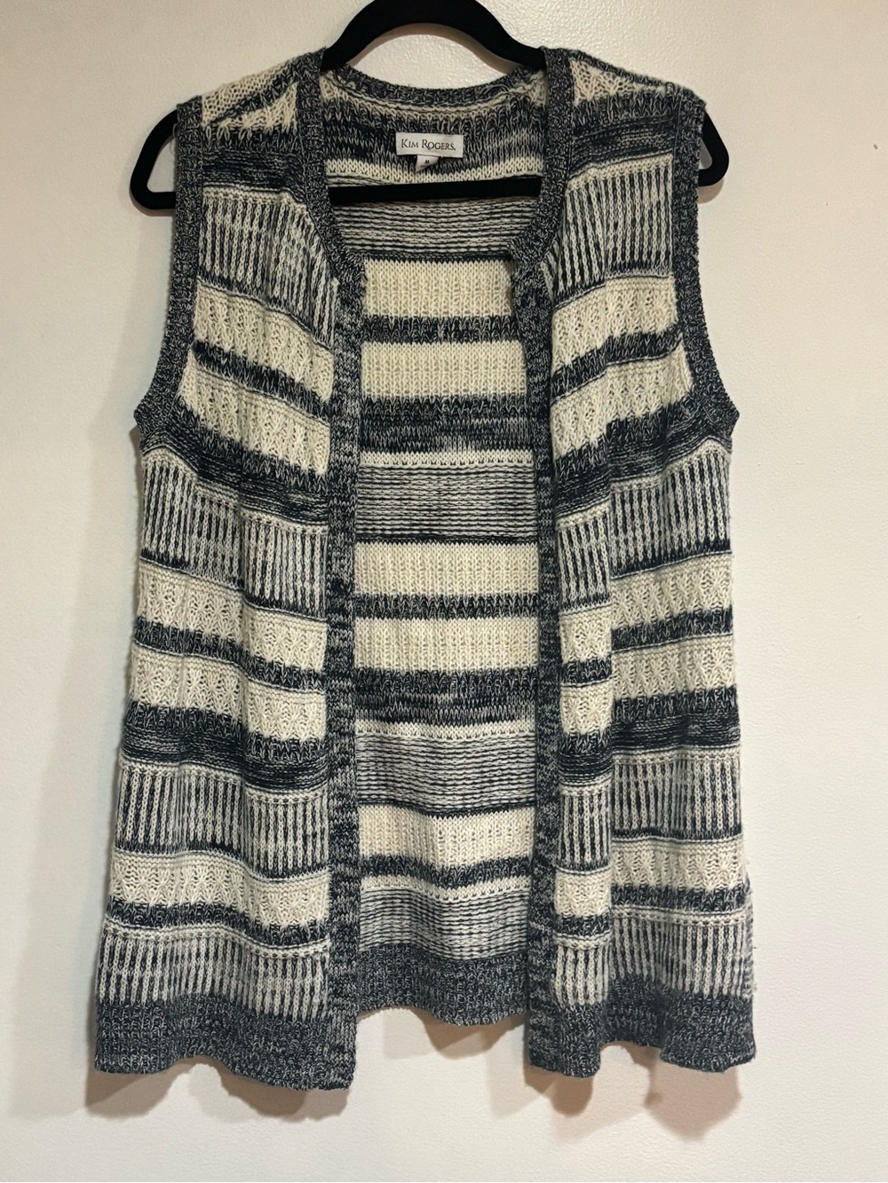 Kim Rogers Sweater Vest M Striped Open Front Cable Knit Cardigan Layer Cozy Navy